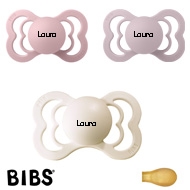 BIBS Supreme Sutter med navn, Pink Plum, Dusky Lilac, Haze, Symmetrisk Latex str.2 Pakke med 3 sutter